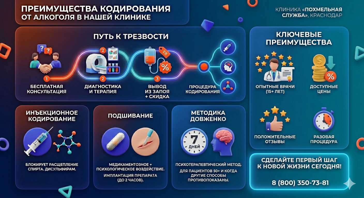 Инфографика о методах кодирования от алкоголя в Гулькевичи: инъекции, подшивание, метод Довженко. Преимущества клиники и этапы лечения.