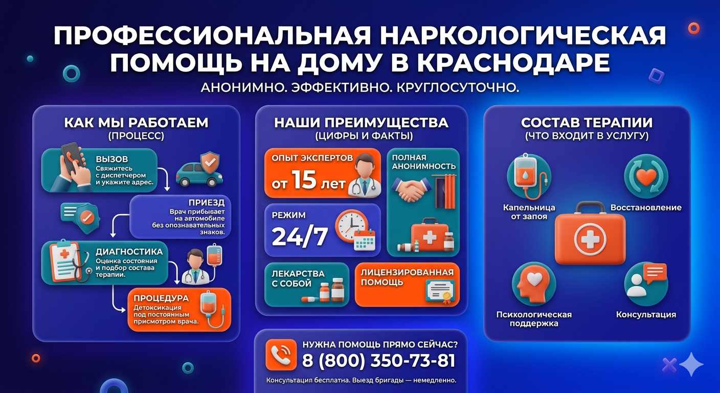 Инфографика о принципах лечения алкоголизма на дому в Гулькевичи: этапы вызова нарколога, преимущества анонимной детоксикации и состав медицинской помощи.